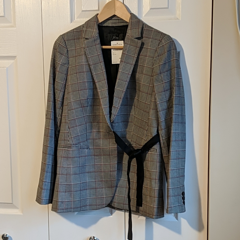 J. Crew Tie Front Blazer Glen Plaid grey red black